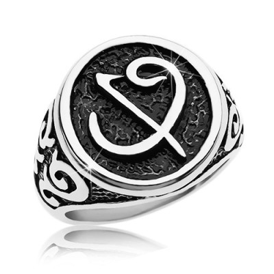 Inel din oțel chiurgical - sigiliu negru cu simbol, ornamente pe brațe - Marime inel: 66 foto
