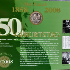 GERMANIA - FDC + MONEDA PROOF - 10 EURO 2008 F, 150 ANI NASTEREA LUI MAX PLANCK