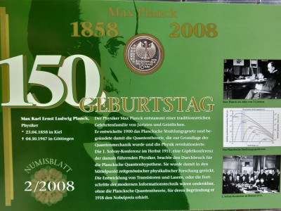 GERMANIA - FDC + MONEDA PROOF - 10 EURO 2008 F, 150 ANI NASTEREA LUI MAX PLANCK foto