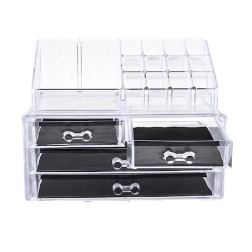 Suport Organizator Transparent FOXMAG24 pentru Cosmetice si Bijuterii, 16 Compartimente, 4 Sertare, Alb