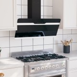 Hotă perete vidaXL 90cm, Negru, Oțel&amp;Sticlă, 297 m&sup3;/h, LED, 3 Viteze, Filtru aluminiu