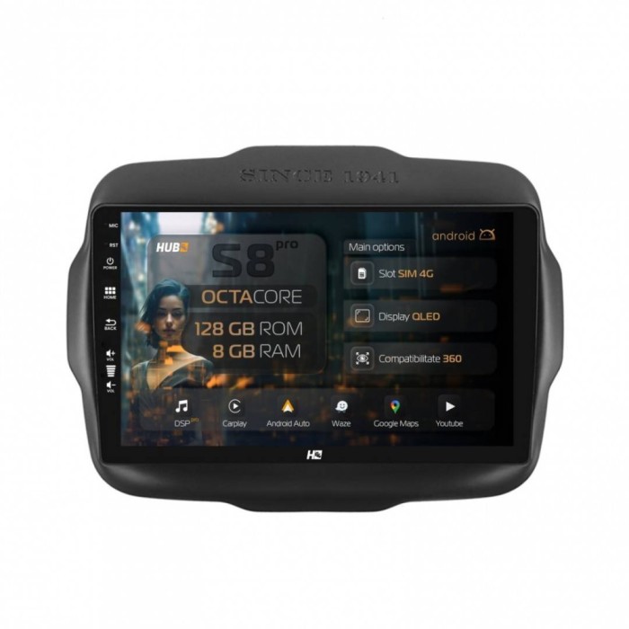 Navigatie Jeep Renegade (2014-2018) 8GB RAM Android 13 Octacore Slot Sim 4G DSP GPS Wi-FI Carplay Android Auto USB Bluetooth Waze Touchscreen 9 Inch