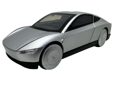 Macheta Tesla Cybercab robotaxi argintie cu sunete lumini deschide usile si capotele foto