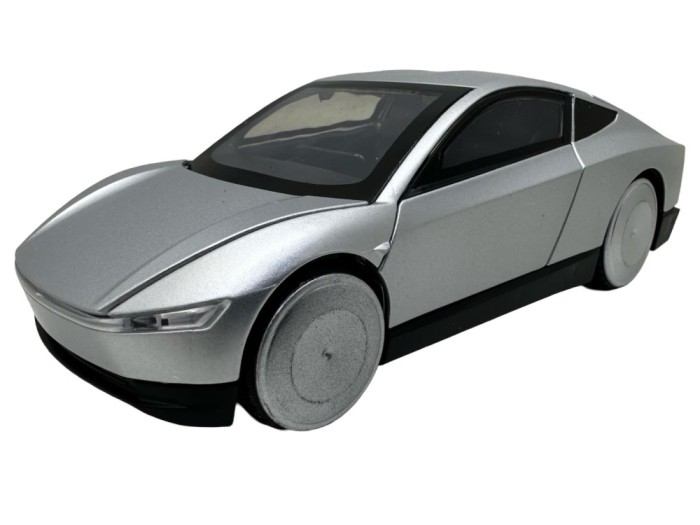 Macheta Tesla Cybercab robotaxi argintie cu sunete lumini deschide usile si capotele