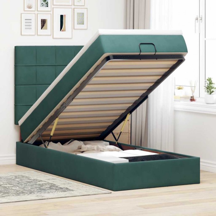 vidaXL Cadru de pat otoman cu saltele, catifea verde &icirc;nchis 90x200cm 3314297