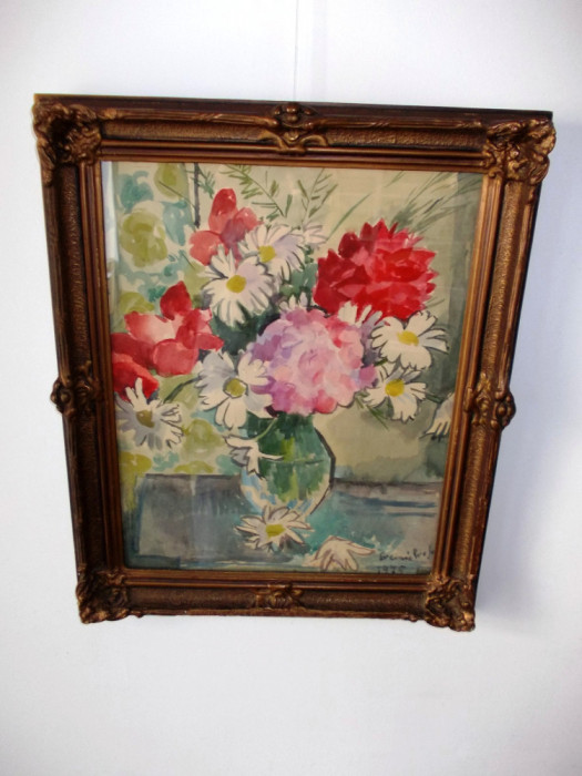 Eremia Profeta (1914-2002) &quot;Vas cu flori de camp&quot;, tablou autentic, 63x50 cm