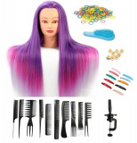 Cumpara ieftin Set Kit Purple pentru Impletituri, Cap Manechin Colorat cu Suport, Perie Descalcit, Agrafe cu Clips