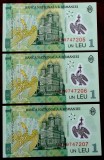Set 3 Bancnote Romania 1 Leu 2018-2019, UNC, Serii Consecutive. Lot Colectie Numismatica