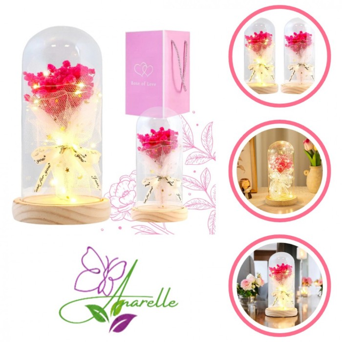 Buchet de Gypsophila Roz sub Cupola de Sticla cu LED&ndash; Cadoul Perfect, Elegant si Atemporal, cu Lumina LED, Baza din Lemn,, Ideal pentru Orice Ocazie S