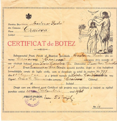 M3 C18 - 1946 - Certificat de botez - Parohia Craiova - Plasa Craiova foto