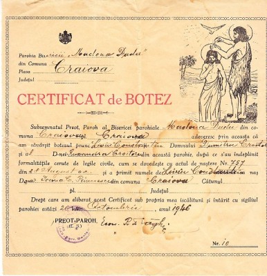 QW13 12 - 1946 - Certificat de botez - Parohia Craiova - Plasa Craiova foto