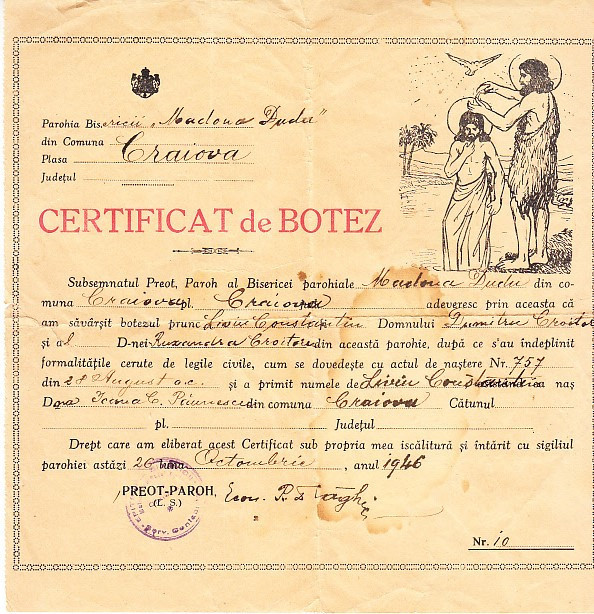 QW13 12 - 1946 - Certificat de botez - Parohia Craiova - Plasa Craiova