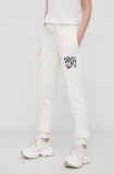 Superdry Pantaloni femei, culoarea crem, cu imprimeu