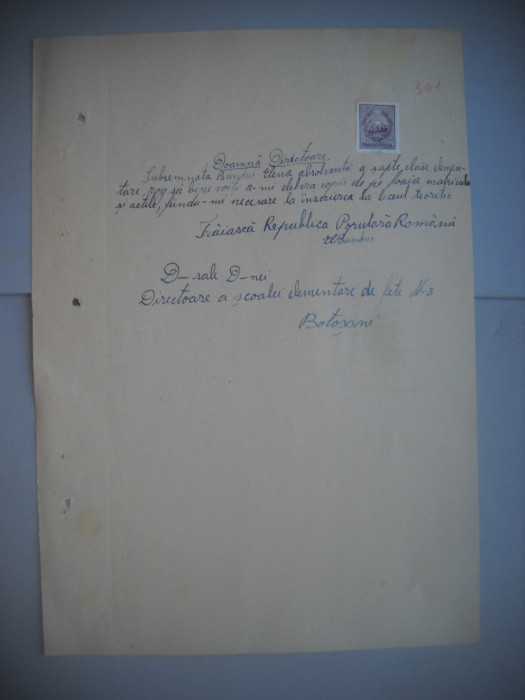 HOPCT DOCUMENT VECHI NR 454 BUNDUC ELENA -SCOALA NR 3 FETE BOTOSANI 1949