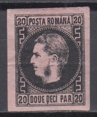 ROMANIA 1866/1867 LP 20 c CAROL FAVORITI 20 PARALE NEGRU/ROZ HARTIE SUBTIRE GUMA ORIGINALA SARNIERA