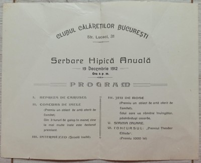 Program Serbare Hipica Anuala 19 decembrie 1912// Clubul Calaretilor Bucuresti foto
