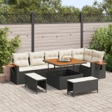 Set de canapea de grădină vidaXL 9 piese cu perne Negru Ratan Acacia, Set de dining de grădină vidaXL 3 piese cu perne Negru Ratan Acacia