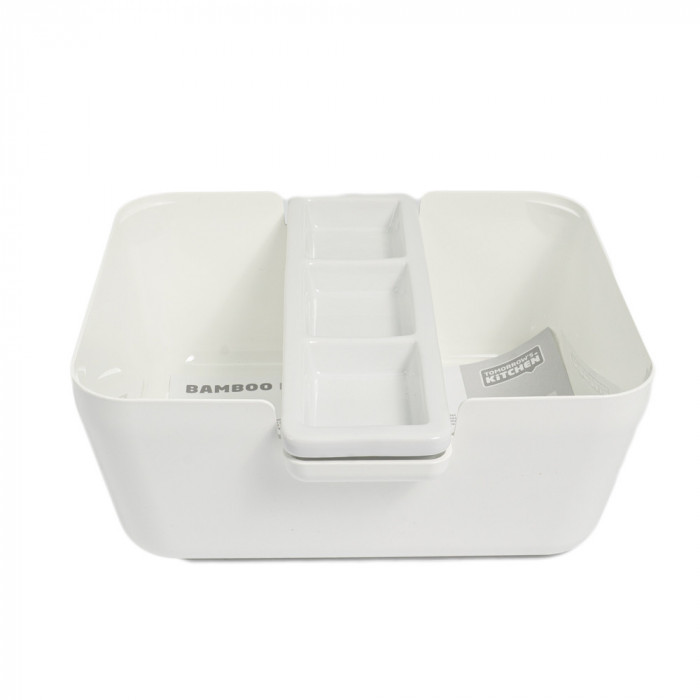 Set 3 piese bol + tocator bambus cu 5 compartimente Bread&amp;dip 24x24x11cm alb