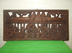 Arta africana - Impresionant panou de perete SCULPTAT MANUAL in LEMN de esenta nobila , basorelief cu scene tribale , sculptura 70 cm