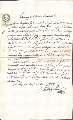 A3733N T&amp;eacute;csy S&amp;aacute;muel, cerere adresată oficiului chezaro-crăiesc cercual, 1858, T&amp;acirc;rgu Lăpuș, limba maghiară, timbru de 15 creițari foto