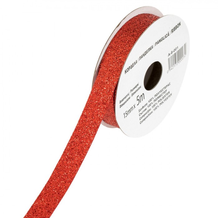 Panglică Decorativă Crăciun, Roșu cu Glitter, Poliester, Lungime 5m, Lățime 15mm