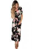 Rochie de vara cu imprimeu floral, maneci scurte si buzunare, neagra, stil casual