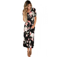 RV459-1 Rochie casual de vara, cu imprimeu floral, maneci scurte si buzunare