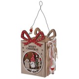 Felinar decorativ cu maner si fundita pentru Craciun,lemn,10.5x10.5x17 cm