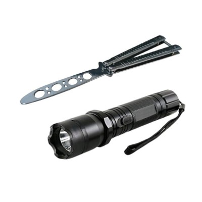 Set Electrosoc Lanterna tip Police 1000KV si Briceag fluture de antrenamen, 22 cm, argintiu foto