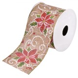 Panglică Decorativă Crăciun, Bej, Cu Crăciunițe, 5m x 63mm, Material Poliester, Oem