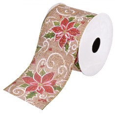Panglică Decorativă Crăciun, Bej, Cu Crăciunițe, 5m x 63mm, Material Poliester
