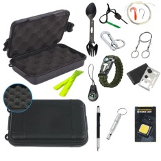 Kit supravietuire multifunctional outdoor Marime M 14 accesorii cutie etansa ABS IP54 negru camping urgente