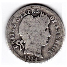 SUA One Dime=10 Cents 1914 S argint 90% aprox 2,5 gr.necuratata cu patina