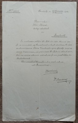 Informare olografa Consistoriul Bucovinei, Vladimir de Repta, Cernauti 1912 foto