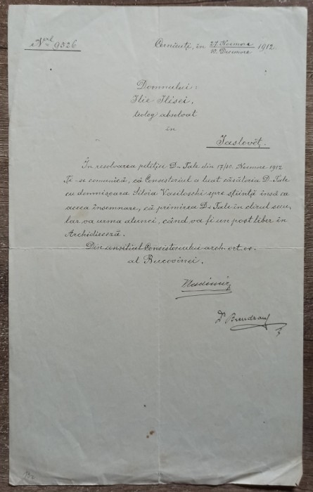 Informare olografa Consistoriul Bucovinei, Vladimir de Repta, Cernauti 1912