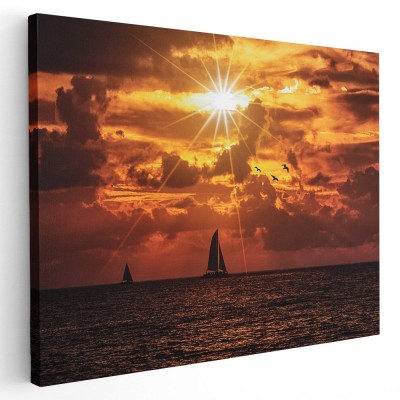 Tablou peisaj marin cu barca la apus Tablou canvas pe panza CU RAMA 60x80 cm foto