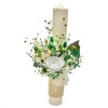 Lumanare personalizabila, alb-verde, pentru nunta sau botez cu aranjament frontal cu trandafir criogenat si plante naturale uscate, 42 cm, Eventissimi&reg;