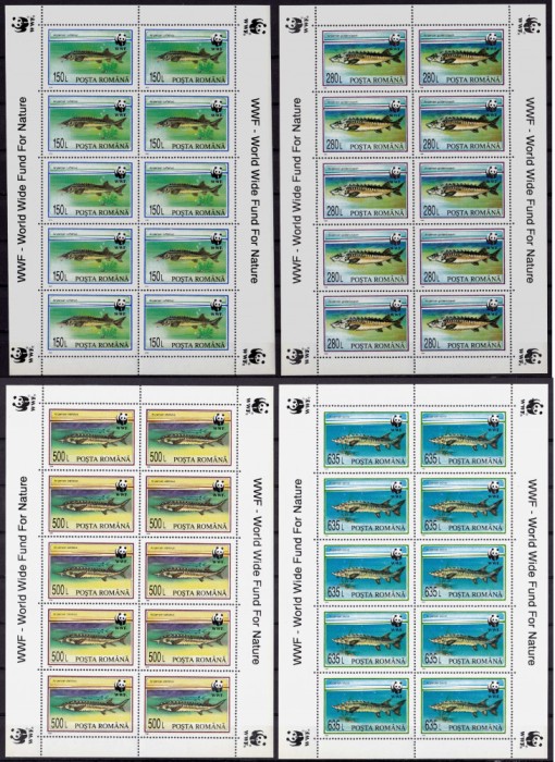✅ RO 1994, LP 1359a &quot;Fauna ocrotita - sturioni&quot; , minicoli de 10 MNH