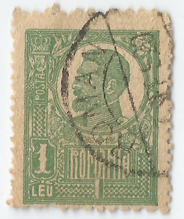 Rom&acirc;nia, LP 72c/1920, Ferdinand - uzuale, 1 leu, h&acirc;rtie de război, eroare, obl.
