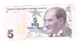 Bancnota Turcia 5 lire 2020, seria D, stare buna