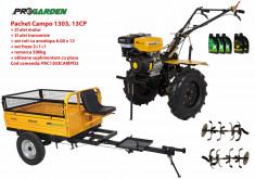 Pachet motocultor Campo 1303, benzina, 13CP, 2+1 trepte, remorca 500kg, ulei motor si transmisie incluse foto