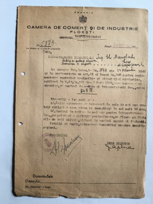 Instiintare emisa de Camera de Comert si de Industrie Ploesti 1945 / CD1P foto