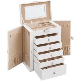 SONGMICS Cutie de bijuterii cu 6 nivele, 5 sertare, oglinda si incuietoare, spatiu pentru ceasuri, 26x15x32cm, alb Household NewTrend
