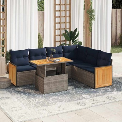 vidaXL Set canapele grădină cu perne 7 piese gri poliratan/lemn acacia 3327722 foto