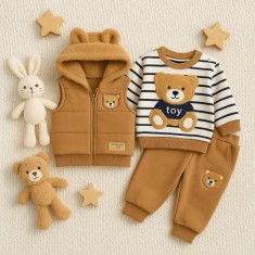 Set bebelusi cu ursulet cu vesta si hanorac &ndash; 3 piese (Marime Disponibila: 6-9