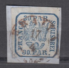 ROMANIA 1864 LP 13 PRINCIPATELE UNITE EMISIUNEA a- II-a 30 PARALE PE FRAGMENT STAMPILAT BRAILA