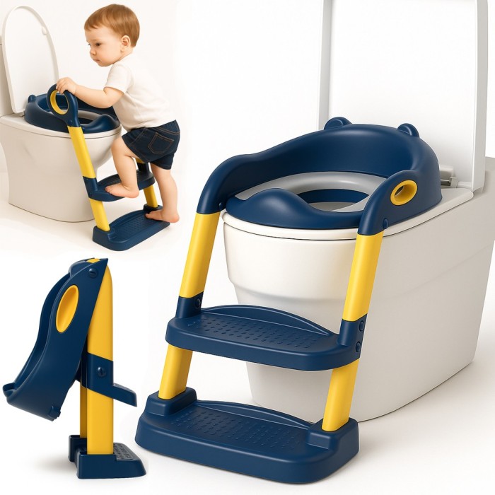 Reductor WC pentru Copii cu Scarita, Linomag&reg;, Plabil, 38 x 40 x 47 cm, Albastru / Galben