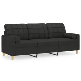 Canapea cu 3 locuri cu pernute, negru, 180 cm, textil