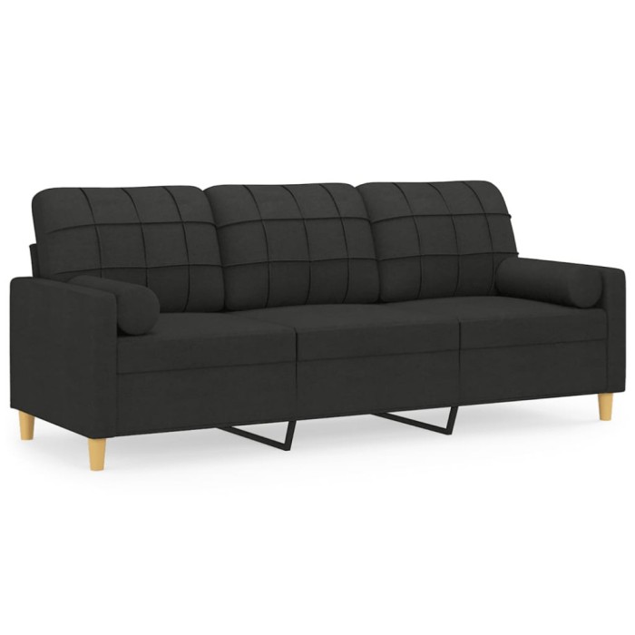 Canapea cu 3 locuri cu pernute, negru, 180 cm, textil