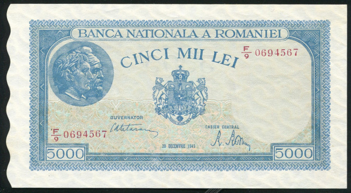 q263 BANCNOTA 5000 LEI DECEMBRIE 1945 filigran BNR verical NECIRCULATA UNC-